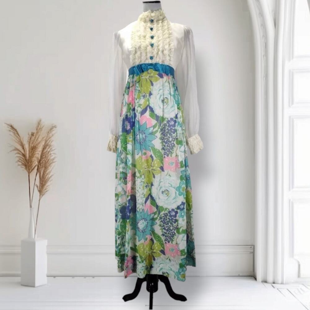 Vintage 60s Prairie Maxi Dress Bishop Sleeve Lace Trim Floral Size 4